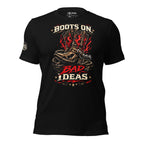 Black t-shirt featuring flaming cowboy boots with Boots On Bad Ideas text