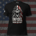Born Defiant Infidel reaper in a red, white, and blue hood design front print black tee from Infidel Collective