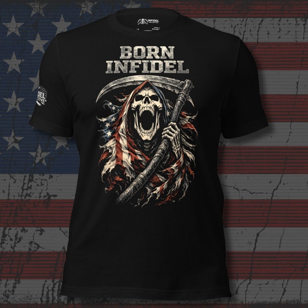 Black t-shirt with a graphic design featuring a skull and American flag and 'BORN INFIDEL', against an American flag background.