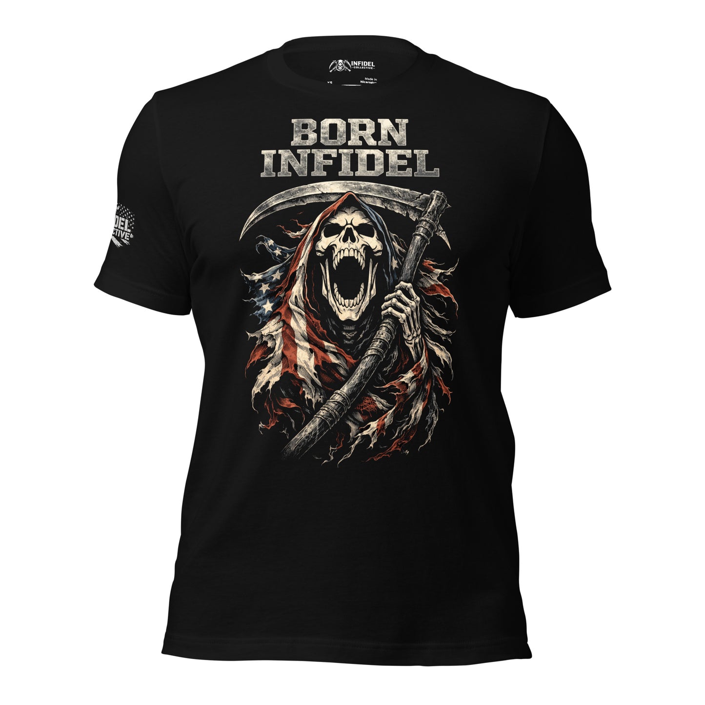 Black t-shirt with a graphic design of a skeleton holding a scythe and text 'Born Infidel' on a white background.