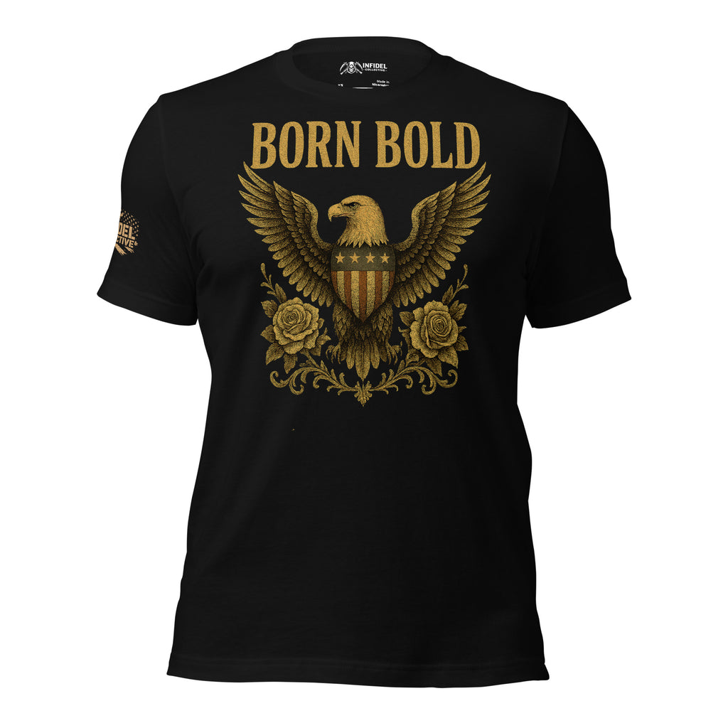 Black t-shirt with gold eagle design and 'Born Bold' text on a white background