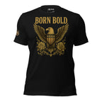 Black t-shirt with gold eagle design and 'Born Bold' text on a white background