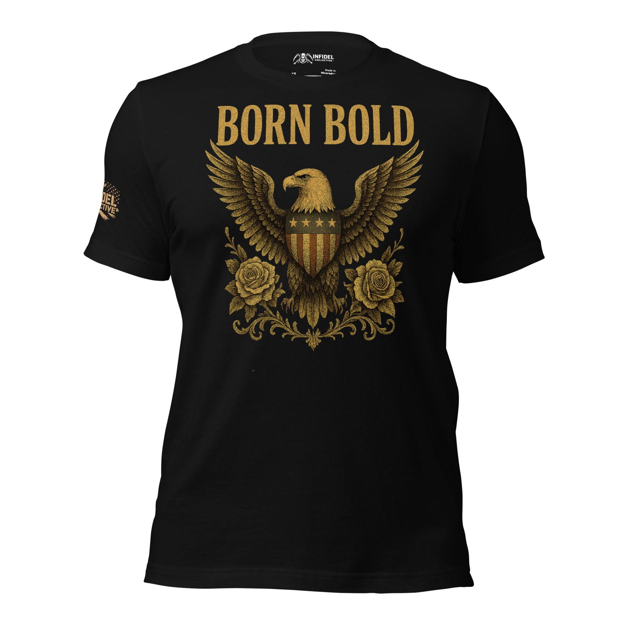 Black t-shirt with gold eagle design and 'Born Bold' text on a white background