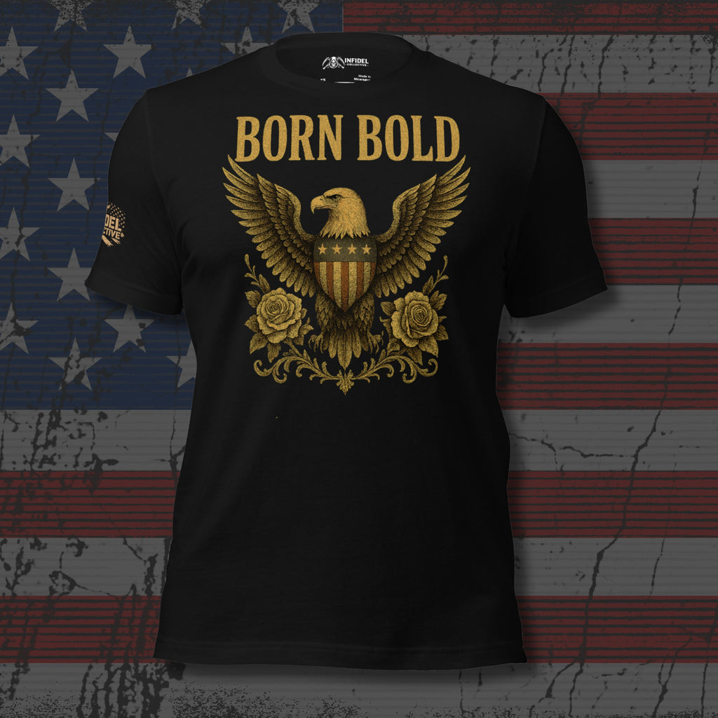 Black t-shirt with gold eagle design and 'Born Bold' text on an American flag background