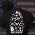 Born Defiant Infidel screaming reaper in an American flag hood design back print black tee from Infidel Collective