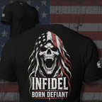 Born Defiant brings the INFIDEL identity into a hard back-print design with a hooded reaper, worn flag grit, and direct refusal energy.