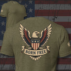 Heather olive tee with back print featuring a bald eagle holding a patriotic shield and a banner that reads Born Free