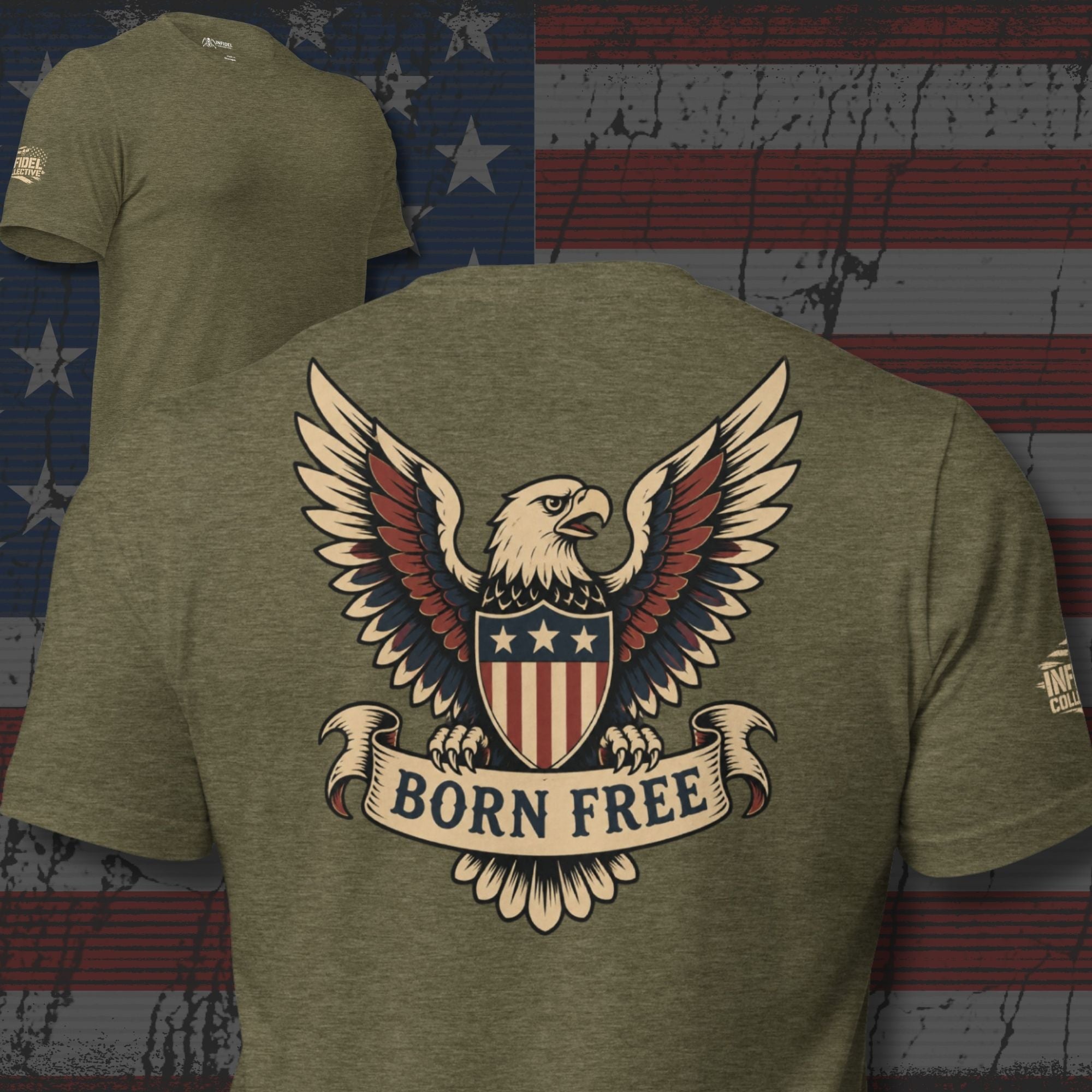 Heather olive tee with back print featuring a bald eagle holding a patriotic shield and a banner that reads Born Free
