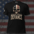Born from Defiance skull painted with the American flag design front print black tee from Infidel Collective