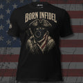 Born Infidel masked colonial patriot raider design front print black tee from Infidel Collective