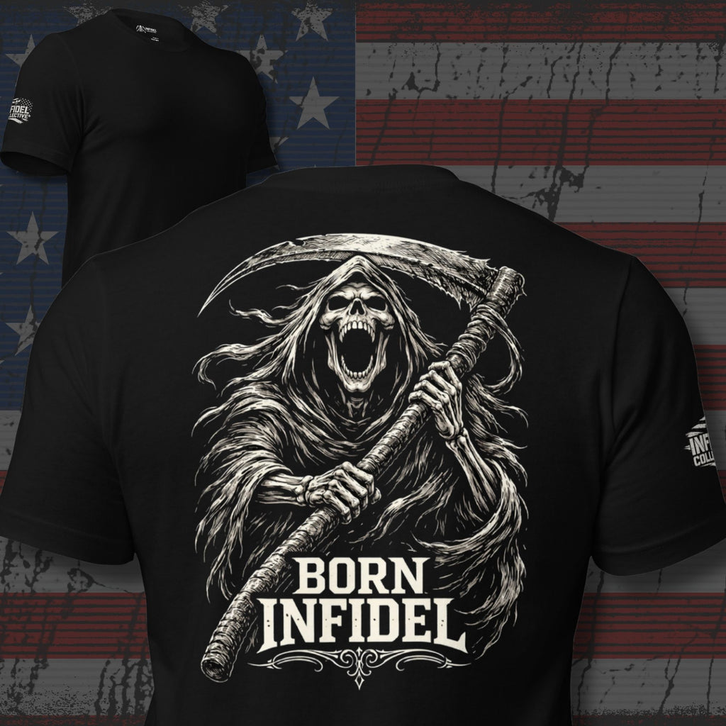 Black tee with Born Infidel back print featuring grim reaper holding a scythe