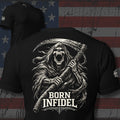 Born Infidel screaming grim reaper gripping a scythe design back print black tee from Infidel Collective