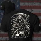 Black tee with Born Infidel back print featuring grim reaper holding a scythe