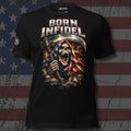 Born Infidel screaming flag-hooded reaper with scythe design front print black tee from Infidel Collective