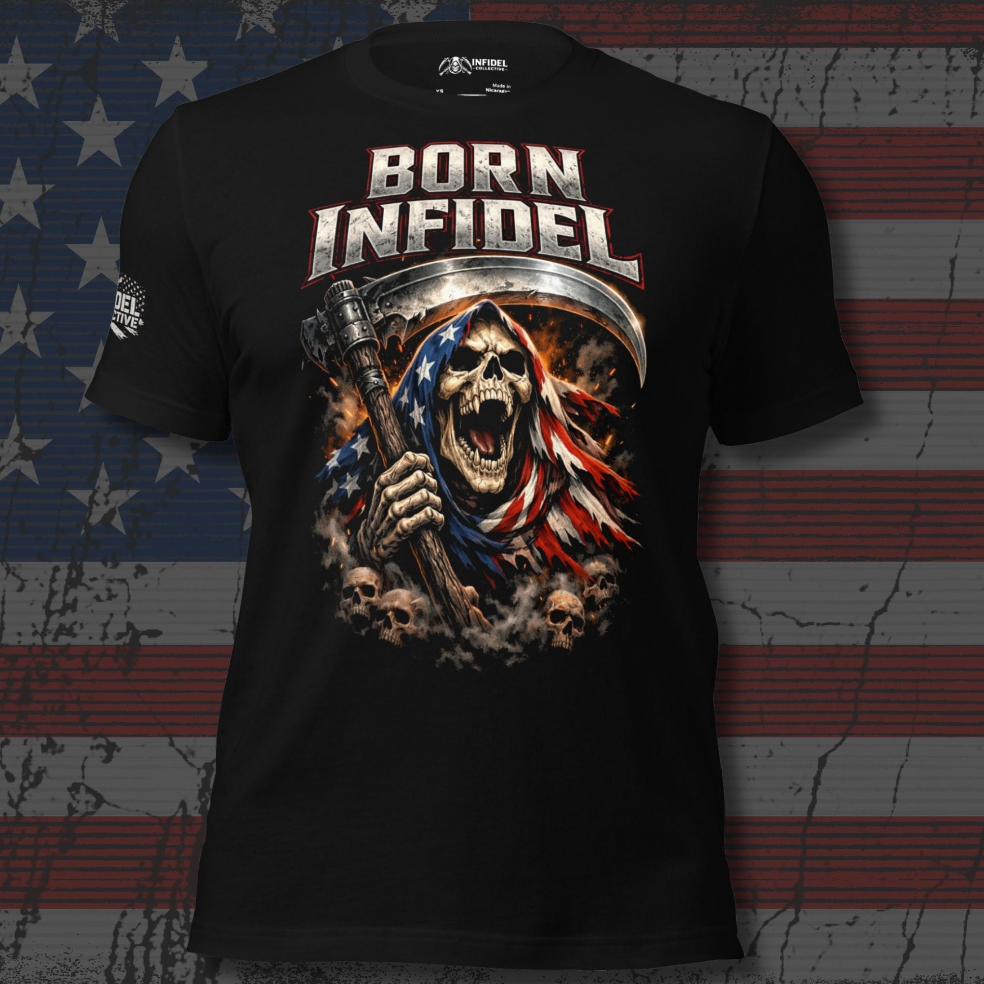 Born Infidel reaper graphic front print black tee with American flag hooded skull and scythe