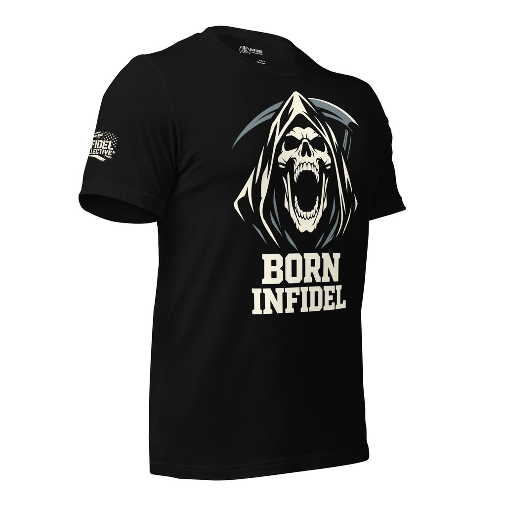 Black Born Infidel t-shirt featuring screaming hooded reaper skull and Born Infidel text