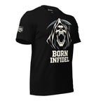 Black Born Infidel t-shirt featuring screaming hooded reaper skull and Born Infidel text
