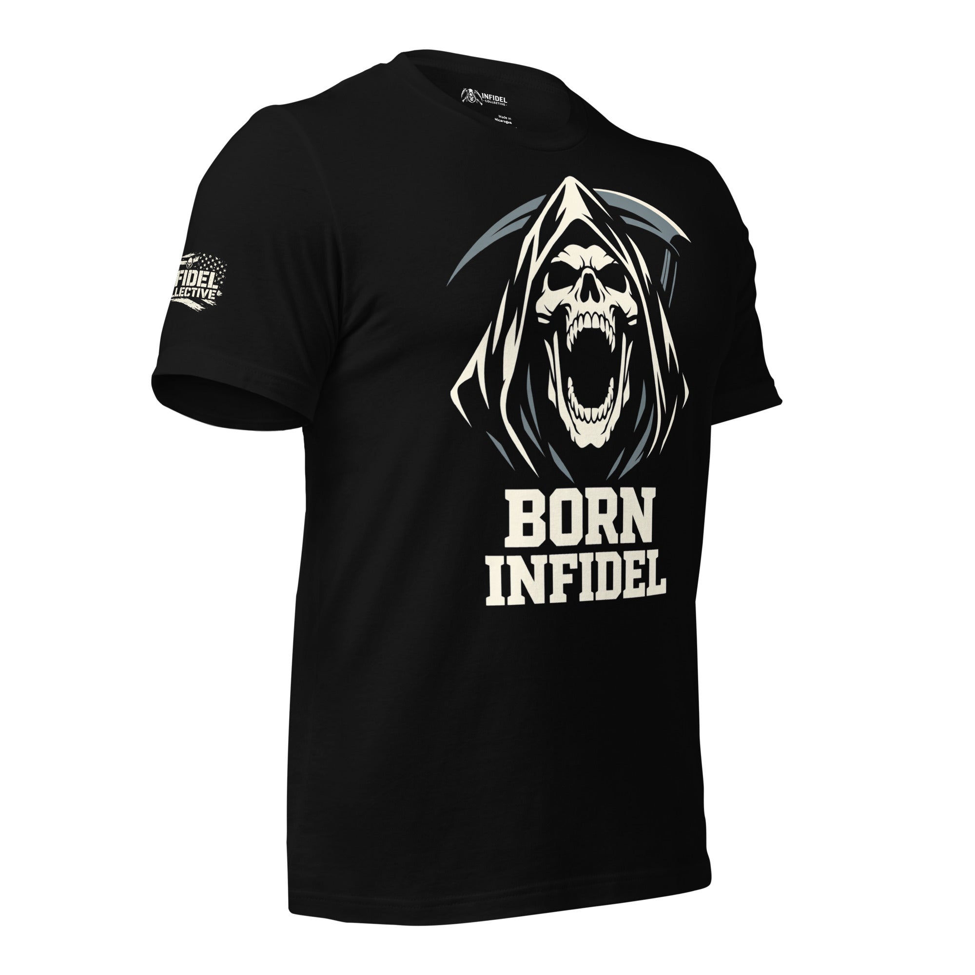 Black Born Infidel t-shirt featuring screaming hooded reaper skull and Born Infidel text