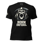 Black Born Infidel t-shirt featuring screaming hooded reaper skull and Born Infidel text