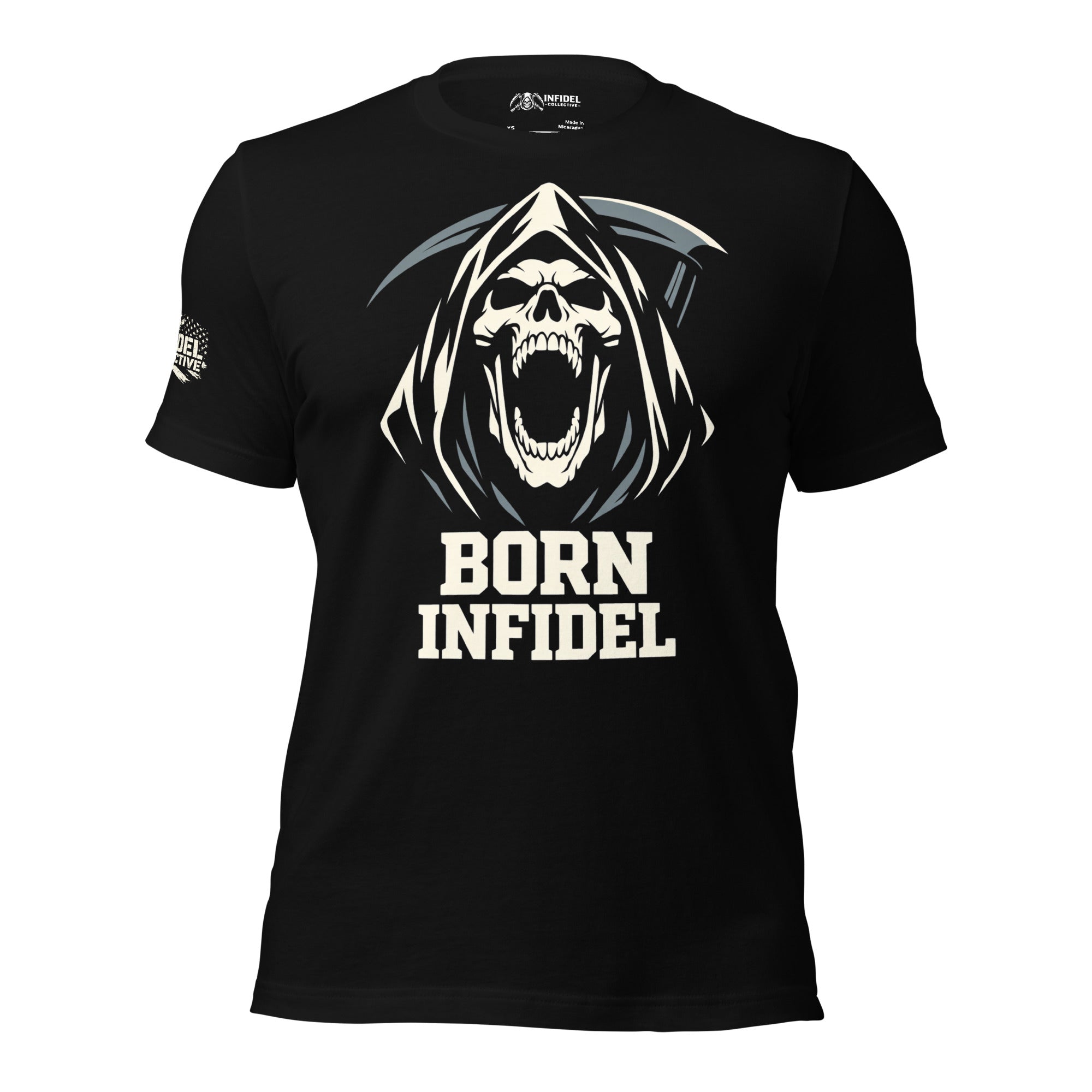 Black Born Infidel t-shirt featuring screaming hooded reaper skull and Born Infidel text