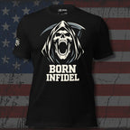Black Born Infidel t-shirt featuring screaming hooded reaper skull and Born Infidel text