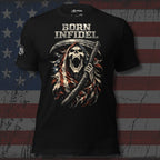 Black Born Infidel t-shirt featuring patriotic reaper with American flag cloak and scythe