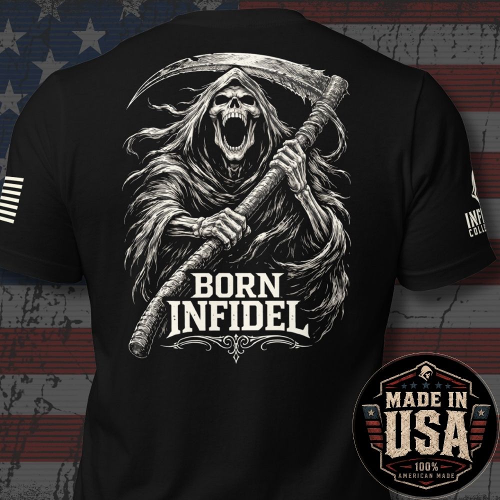 Back view of Black Born Infidel Scythe Reaper Back Print tee.