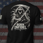 Back view of Black Born Infidel Scythe Reaper Back Print tee.