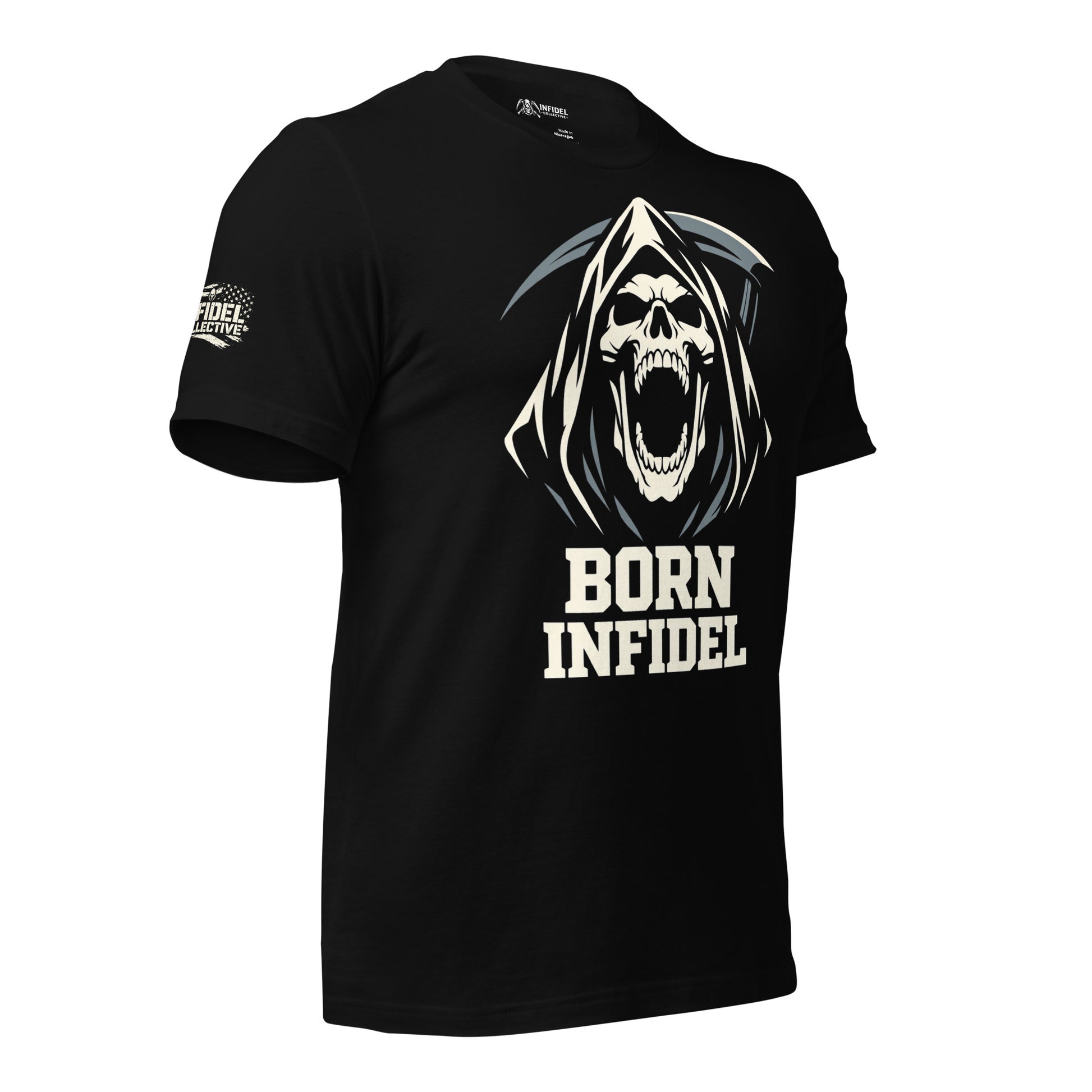 Black t-shirt with a graphic design and 'Born Infidel' text on a white background