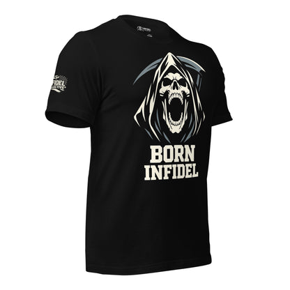 Black t-shirt with a graphic design and 'Born Infidel' text on a white background