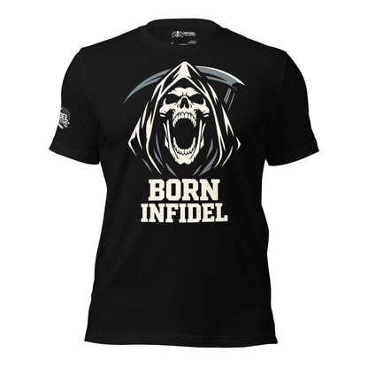 Black t-shirt with a graphic of a skull and the text 'Born Infidel' on a white background.