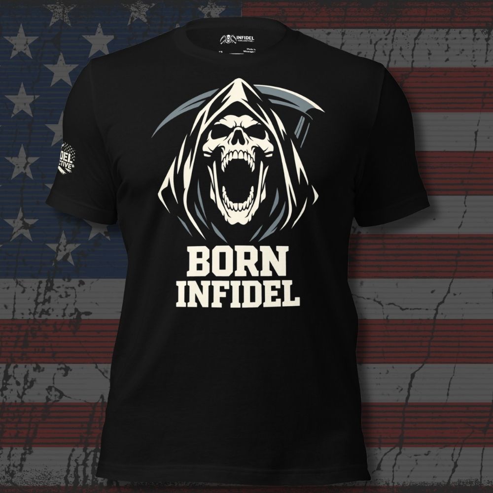 Black t-shirt with a graphic design and 'Born Infidel' text on an American flag background