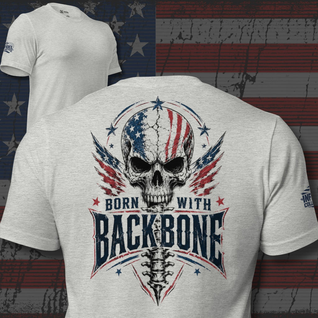 Athletic heather tee with back print featuring an American flag skull, spine graphic, patriotic stars, and the text Born With Backbone