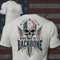 Born with Backbone American flag skull and spine design back print athletic heather tee from Infidel Collective