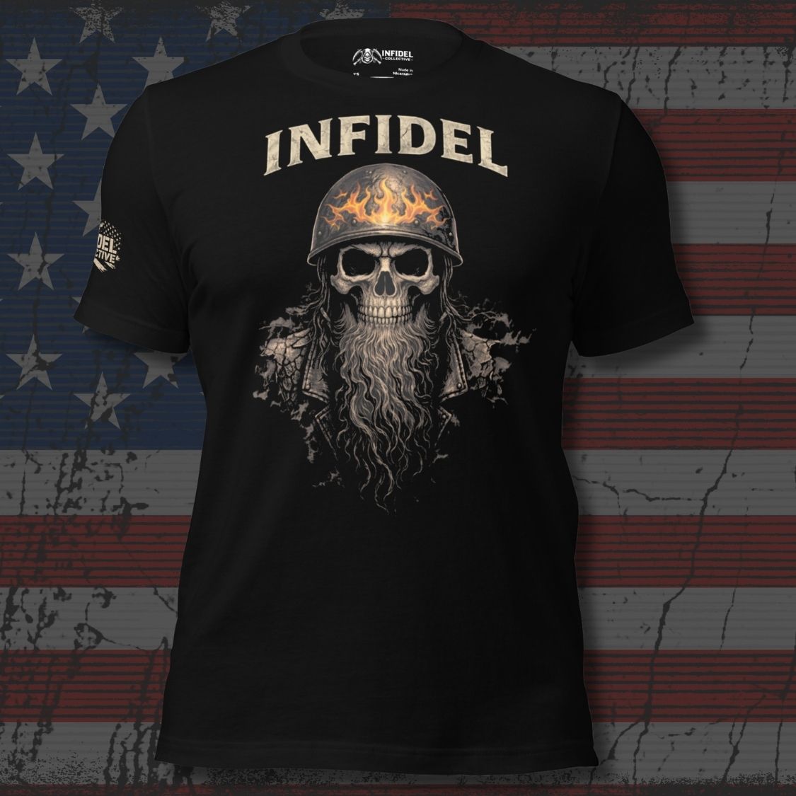 Black t-shirt with skull graphic and 'Infidel' text on an American flag background