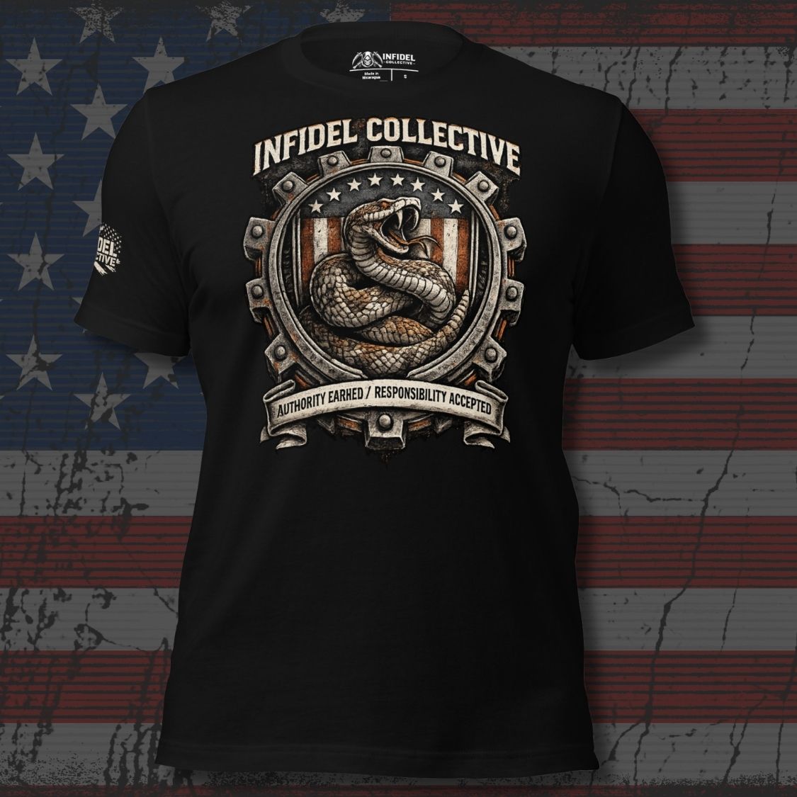 Black t-shirt with Infidel Collective graphic design on a distressed American flag background