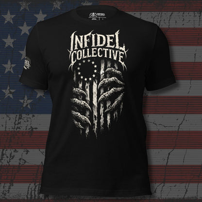 Black t-shirt with 'Infidel Collective' design on an American flag background