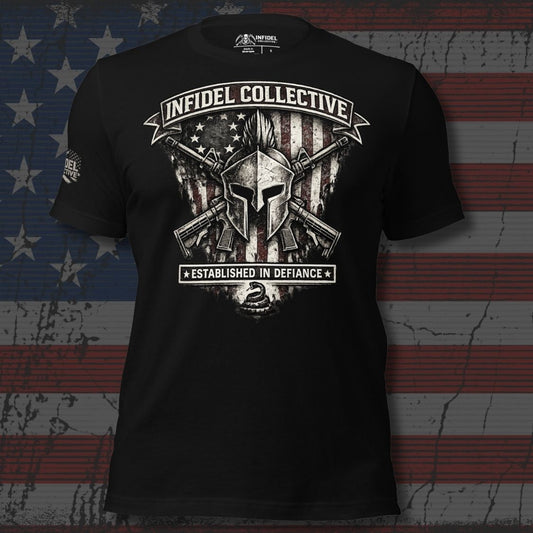 Black t-shirt with Spartan helmet graphic and 'Infidel Collective' text on an American flag background