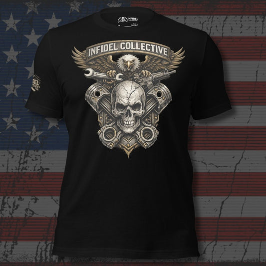 Black t-shirt with skull and eagle design on a distressed American flag background