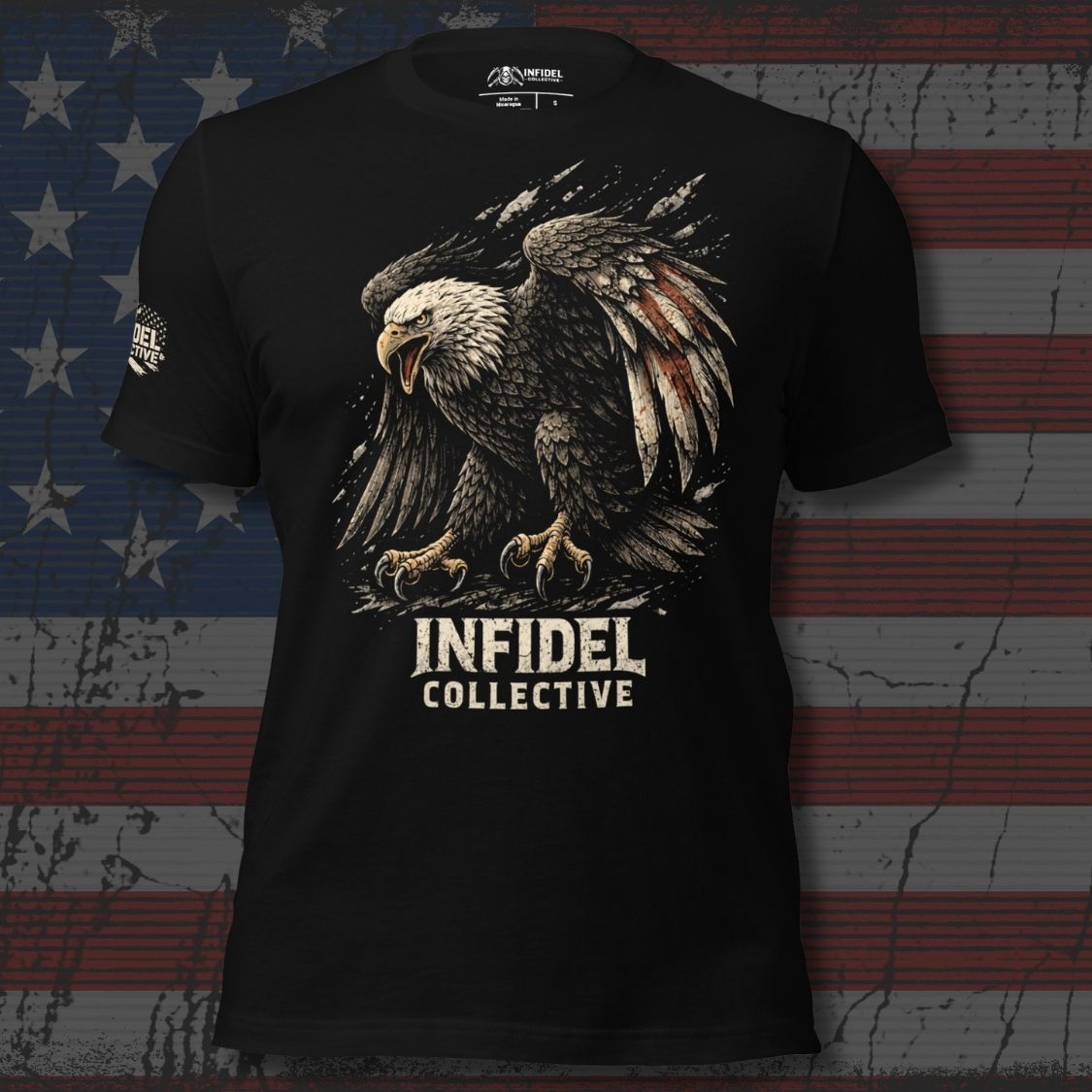 Black t-shirt with an eagle graphic and 'Infidel Collective' text on a distressed American flag background.
