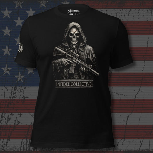 Black t-shirt with a graphic design of a skeleton holding a rifle and 'Infidel Collective' text, against an American flag background.