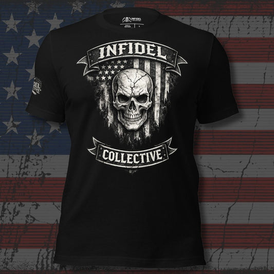 Black t-shirt with skull design and 'Infidel Collective' text on an American flag background