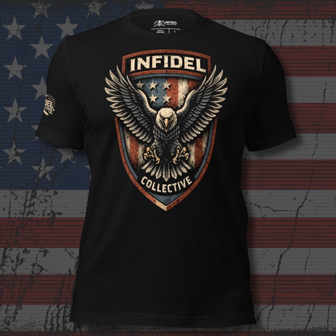 Black t-shirt with eagle graphic and 'Infidel Collective' text on an American flag background