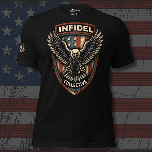 Black t-shirt with eagle graphic and 'Infidel Collective' text on an American flag background
