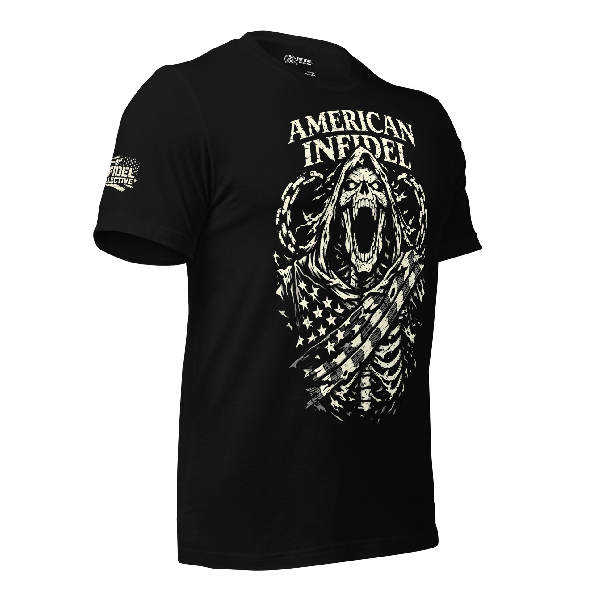 Black t-shirt with 'AMERICAN INFIDEL' design on a white background