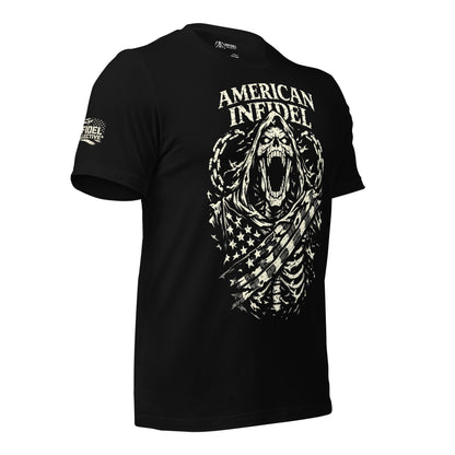 Black t-shirt with 'AMERICAN INFIDEL' design on a white background