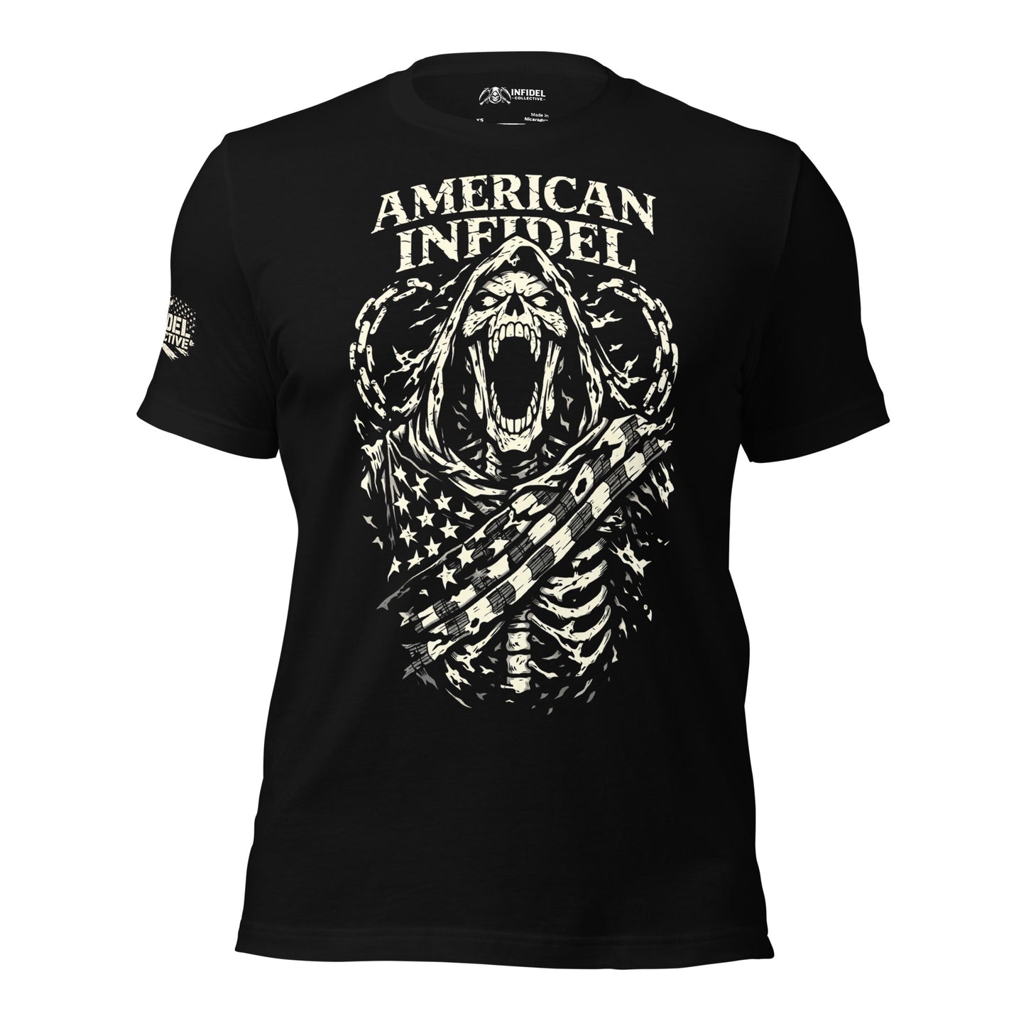 Black t-shirt with a skull design and 'AMERICAN INFIDEL' text on a white background