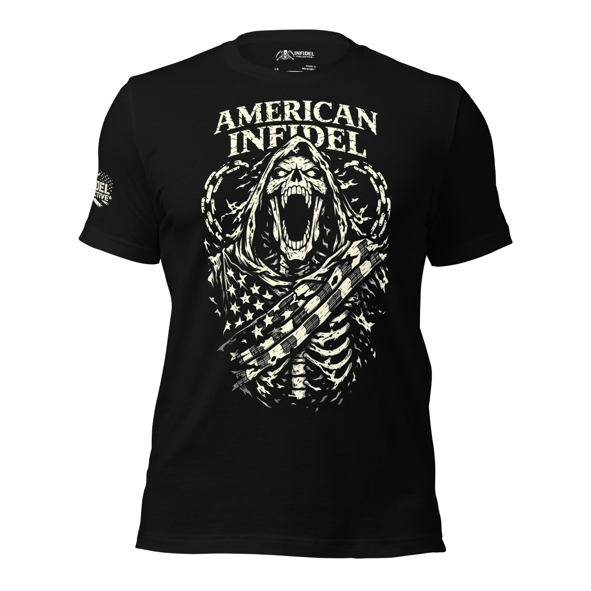 Black t-shirt with a skull design and 'AMERICAN INFIDEL' text on a white background