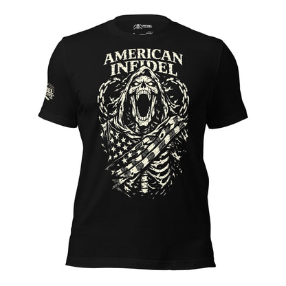 Black t-shirt with a skull design and 'AMERICAN INFIDEL' text on a white background