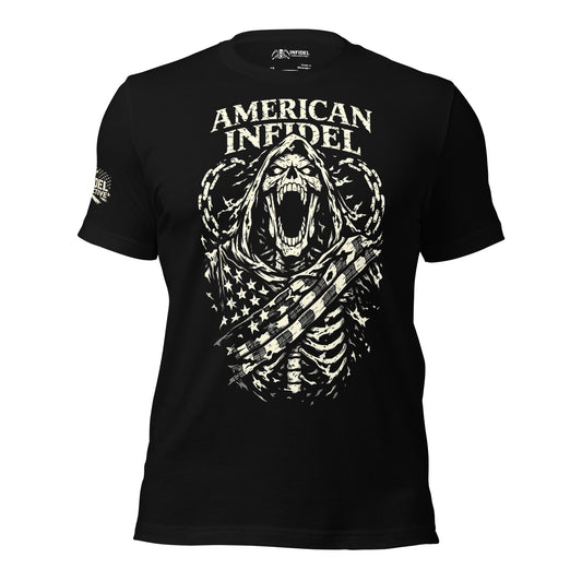 Black t-shirt with a skull design and 'AMERICAN INFIDEL' text on a white background